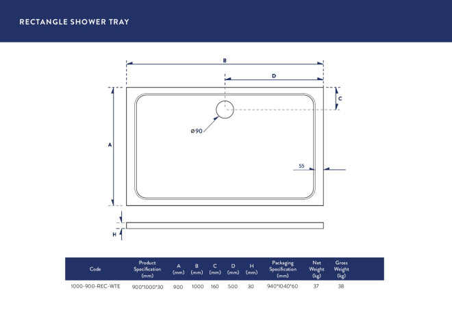 Rectangle Stone Resin Shower Tray 1000 x 900mm