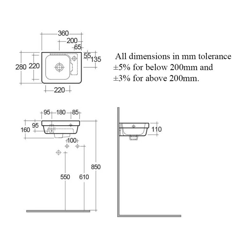 RAK Resort Wall Hung Small Cloakroom Basin 360mm