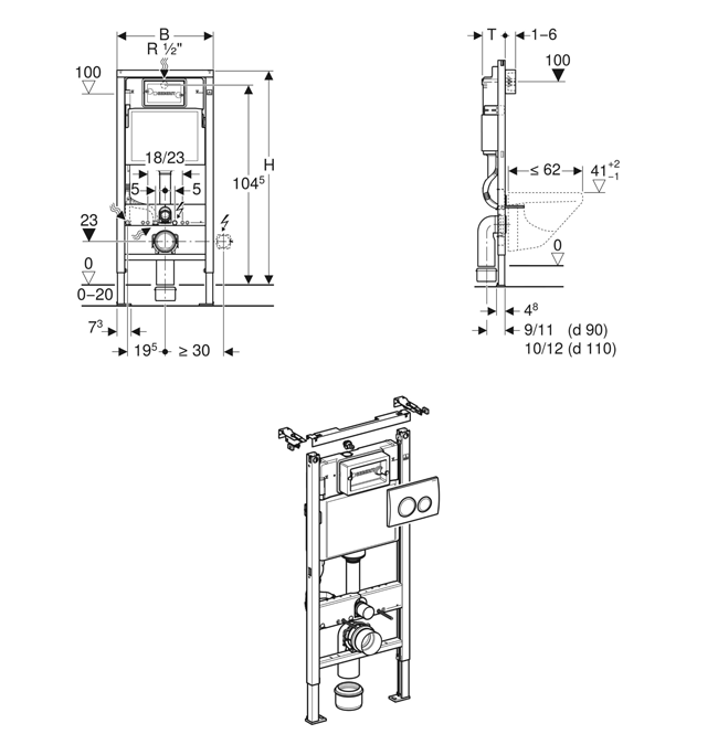 Geberit Duofix Frame 112cm with Delta Concealed Cistern and Delta20 flush Plate 12cm