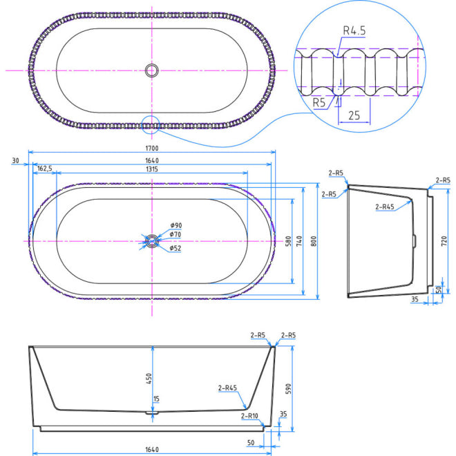 Corso Labyrinth 1700 x 800mm Fluted Freestanding Bath