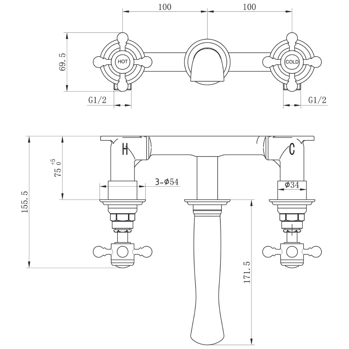 Harrogate 3 Hole Wall Mounted Basin Mixer Brushed Brass