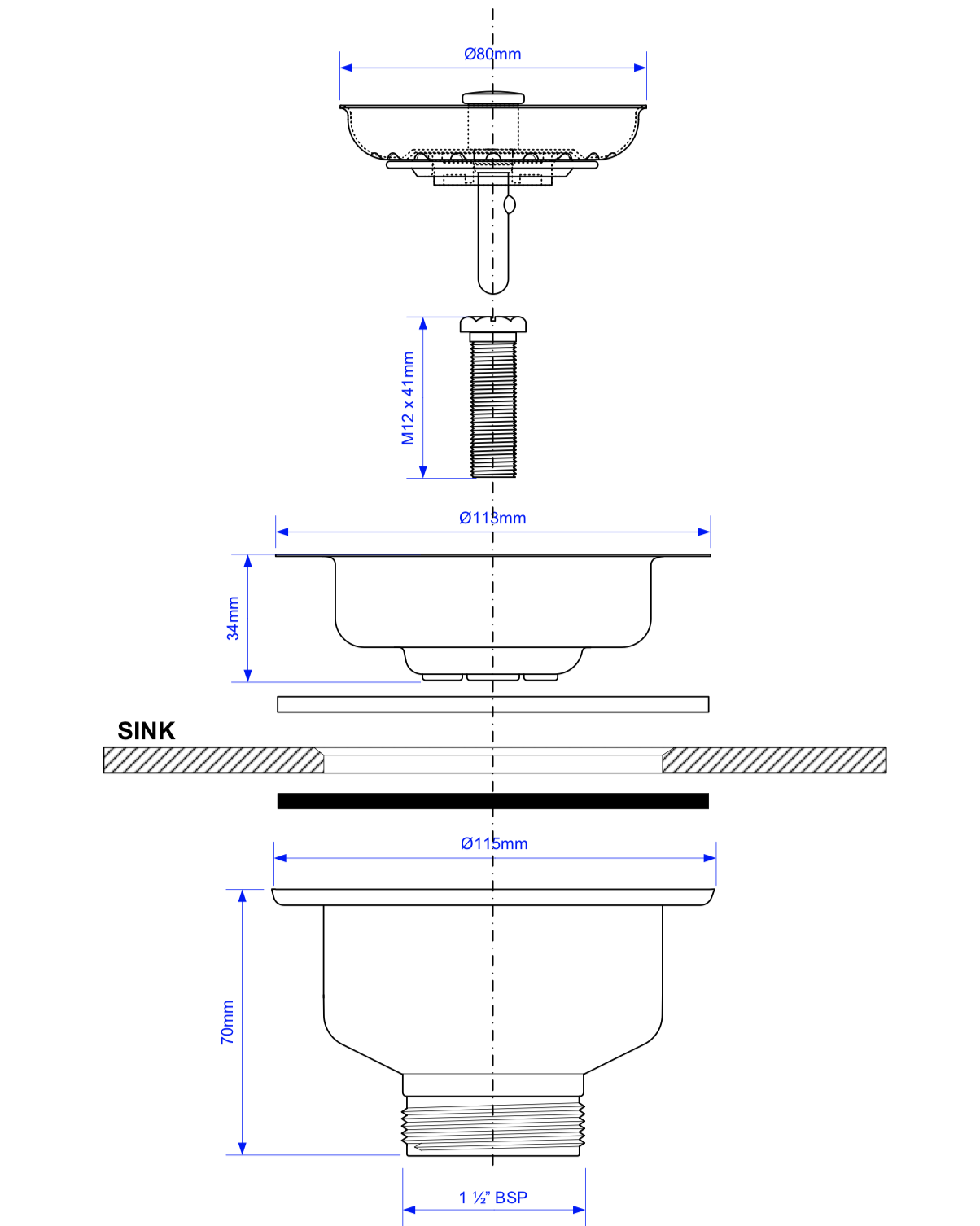 McALPINE Basket Strainer Waste Set 113mm Flange Fits Sinks with 90mm Hole BWSTSS