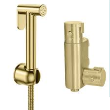 Round Douche Thermostatic Bar Valve with Shower Spray Kit Brushed Brass