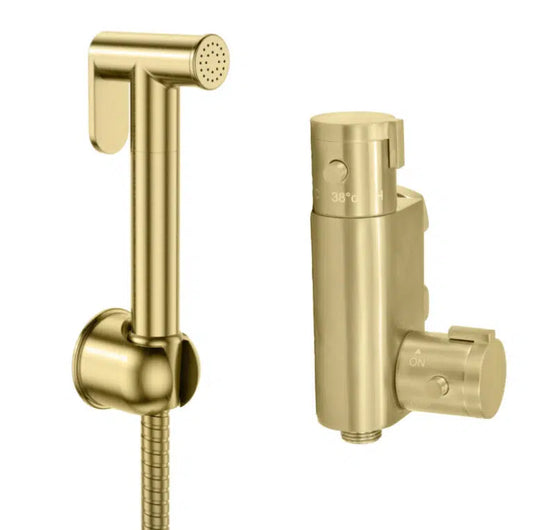 Round Douche Thermostatic Bar Valve with Shower Spray Kit Brushed Brass