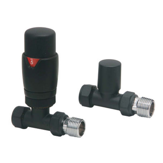 Scudo Matt Black Straight TRV Radiator Valves Twin Pack - Energy Saving - DES-TRV-STR-BLK