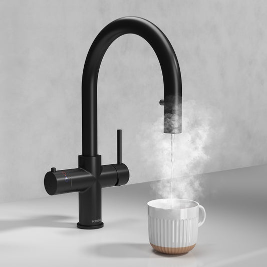 Koba Matte Black 4-in-1 Swan Neck Pull Out Spout Boiling Tap – With Hot Water Tank & Filtration Kit