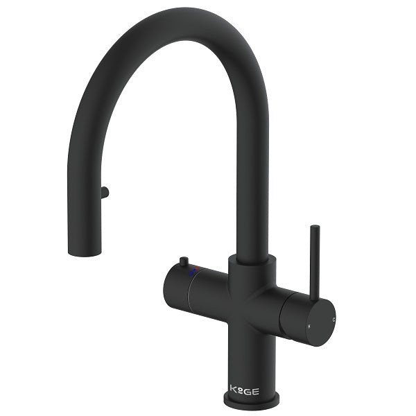 Koba Matte Black 4-in-1 Swan Neck Pull Out Spout Boiling Tap – With Hot Water Tank & Filtration Kit