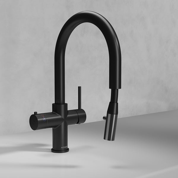 Koba Matte Black 4-in-1 Swan Neck Pull Out Spout Boiling Tap – With Hot Water Tank & Filtration Kit