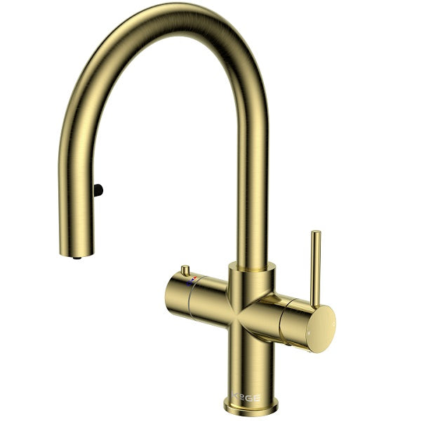 Koba Brushed Brass 4-in-1 Swan Neck Pull Out Spout Boiling Tap – With Hot Water Tank & Filtration Kit