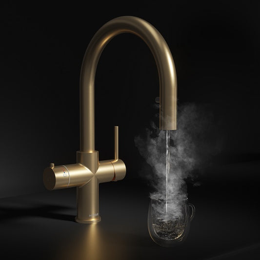 Koba Brushed Brass 4-in-1 Swan Neck Pull Out Spout Boiling Tap – With Hot Water Tank & Filtration Kit