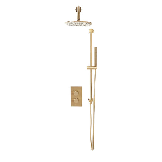 Scudo Core Brushed Brass Round Shower - Fixed Shower Head & Handset Riser Kit