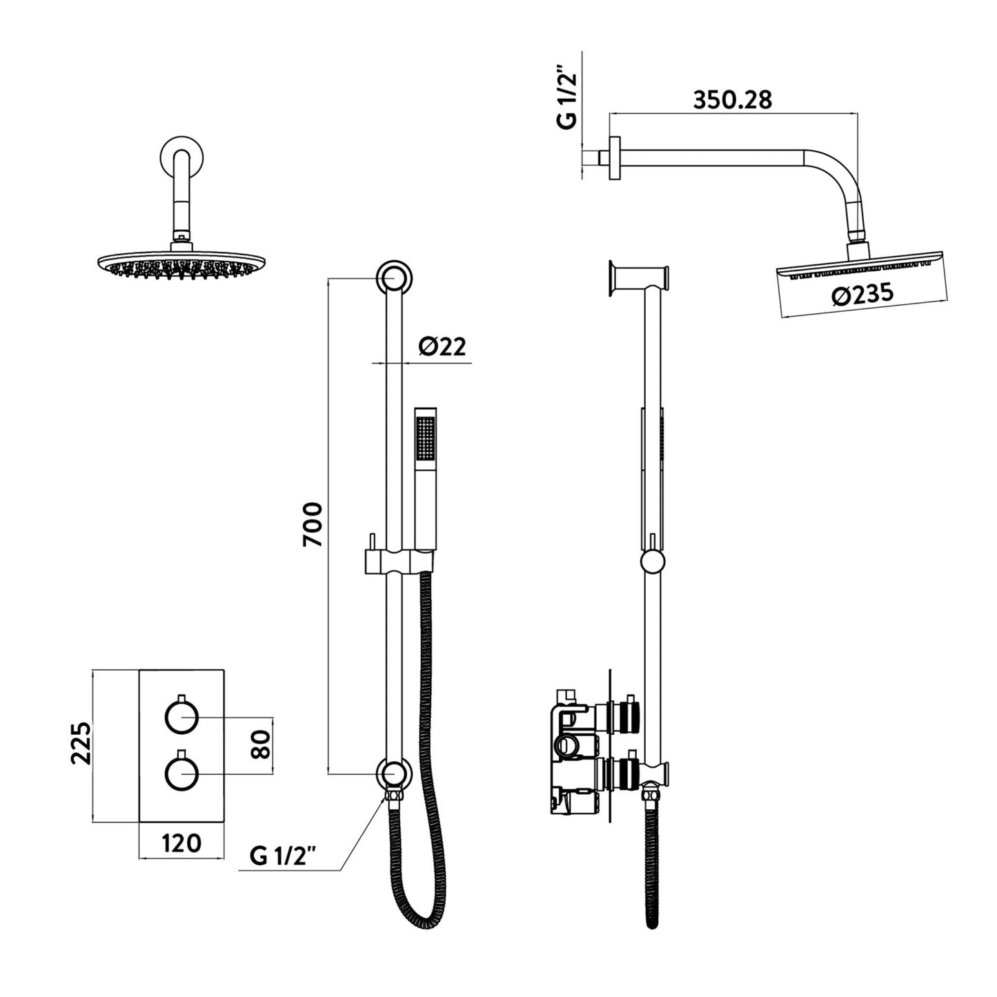 Scudo Core Brushed Brass Round Shower - Fixed Shower Head & Handset Riser Kit