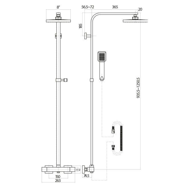 Square Brushed Brass Dual Head Rigid Riser Shower inc Metal Fixed Head