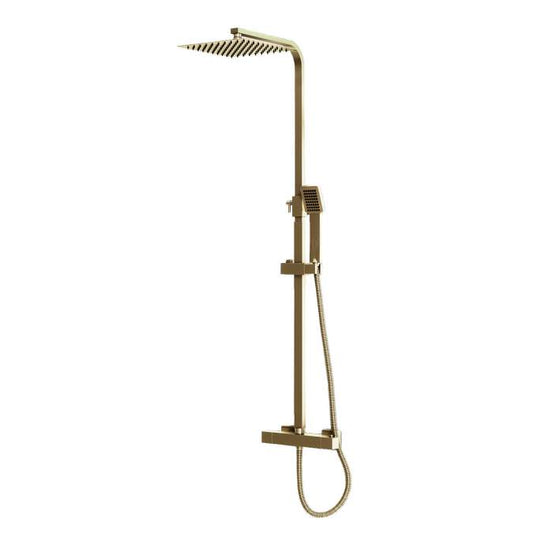 Square Brushed Brass Dual Head Rigid Riser Shower inc Metal Fixed Head