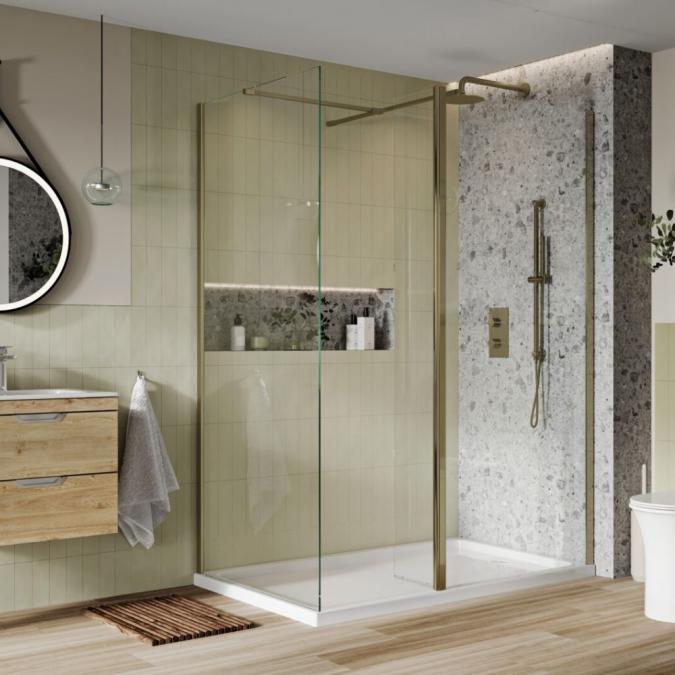 Scudo S8 Brushed Brass Wetroom Shower Screen 600mm