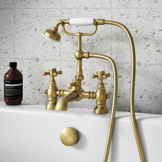 Harrogate Bath Shower Mixer Tap with Cradle in Brushed Brass