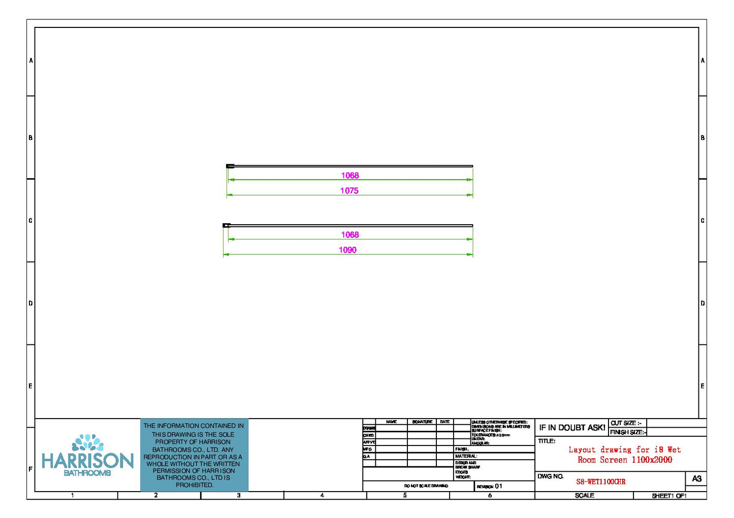 SL8 Brushed Brass Wetroom Shower Screen 1100mm