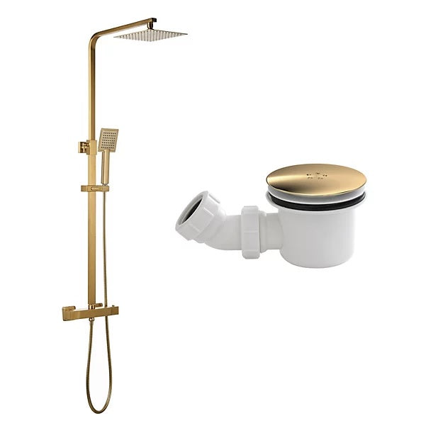 Brushed Brass Shower Kit Thermostatic Rigid Riser &amp; 90mm Shower Tray Waste