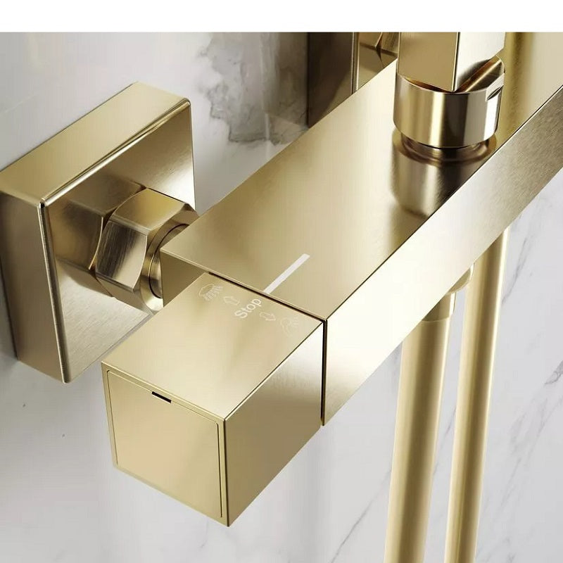 Brushed Brass Square Thermostatic Bar Complete Mixer Shower Dual Function