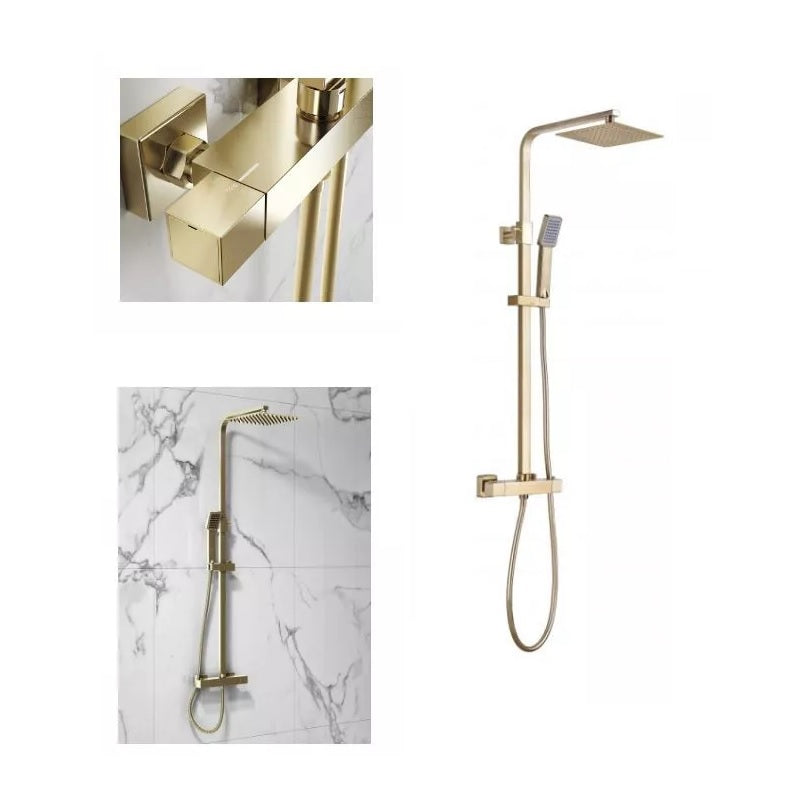 Brushed Brass Square Thermostatic Bar Complete Mixer Shower Dual Function